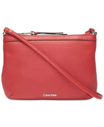 Shop Calvin Klein Carrie Pebble Leather Crossbody In Red/slvr Metllc