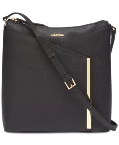 Shop Calvin Klein Mara Saffiano Leather Crossbody In Black/gold