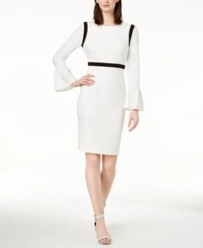 Shop Calvin Klein Petite Color-blocked Bell-sleeve Sheath Dress In Cream/black