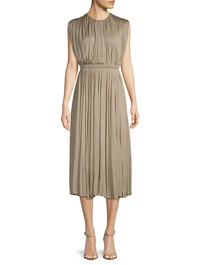 Shop Valentino Pleated Silk Midi Dress In Brown