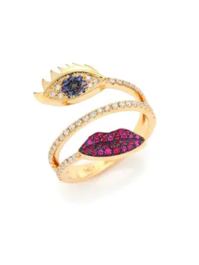 Shop Delfina Delettrez Marry Me Blue Sapphire, Diamond, Rubies & 18k Yellow Gold Eyes & Lips Ring In Gold Multi