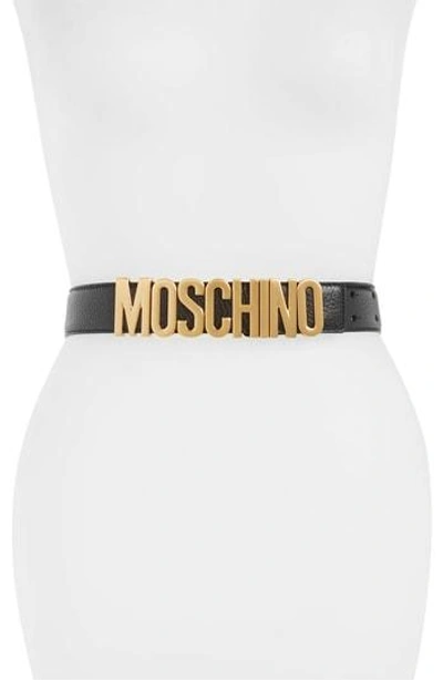 Shop Moschino Logo Plate Leather Belt In Black
