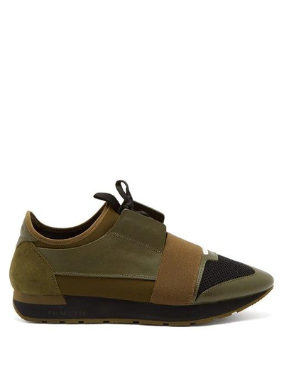 Balenciaga Mens Green Striped Race Runners Leather Sneakers In Noir/ Kaki |  ModeSens