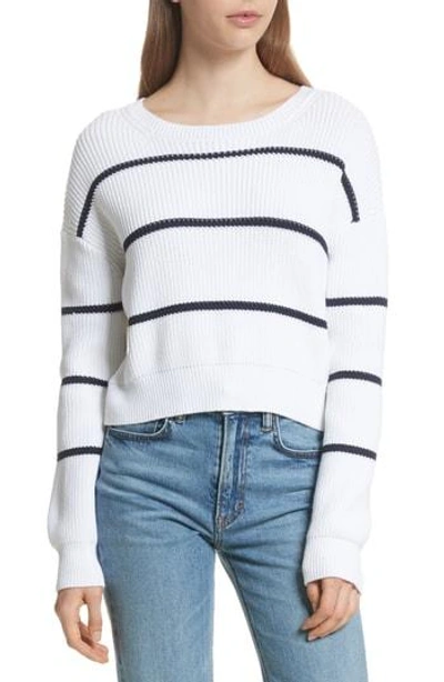 Shop Vince Cotton Blend Rib Knit Stripe Sweater In Optic White/ Coastal