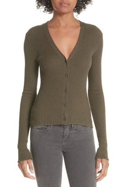 Shop Vince Ribbed Lettuce Cuff Cotton Cardigan In Bayleaf