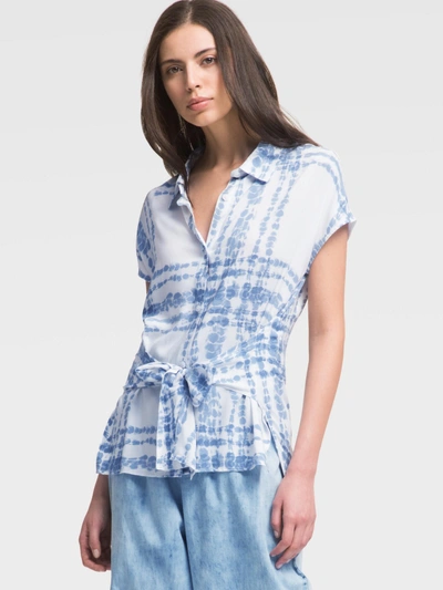 Shop Donna Karan Short-sleeve Plaid Button-up With Waist Tie In Blue