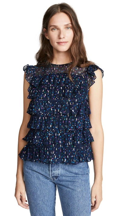 Shop Rebecca Taylor Sleeveless Dot Ruffle Top In Navy Combo