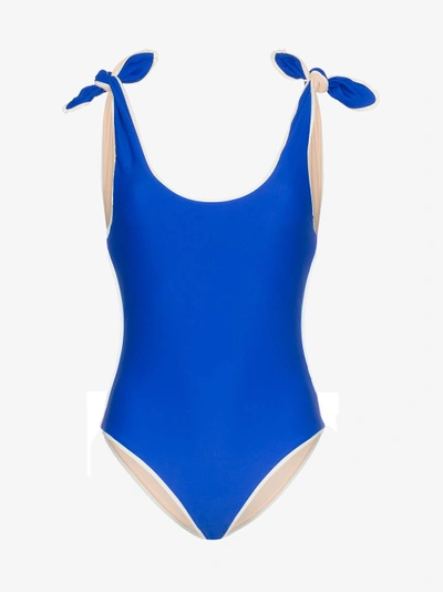 Shop Paper London Ricki Baker Bow Shoulder Swimsuit In Blue