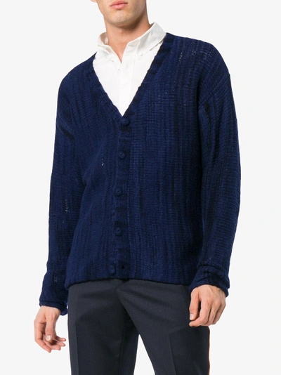 Shop The Elder Statesman Navy Vertical Stripe Cashmere Cardigan In Blue