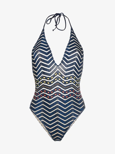 Shop Missoni Mare Metallic Chevron Halterneck Swimsuit In Blue