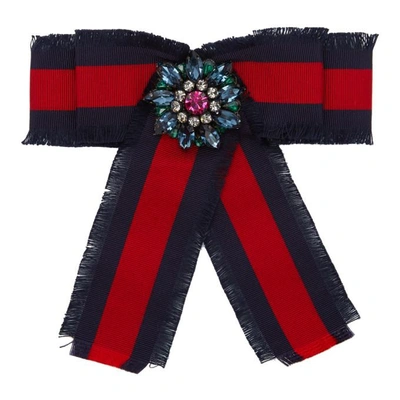 Shop Gucci Navy & Red Ribbon Brooch