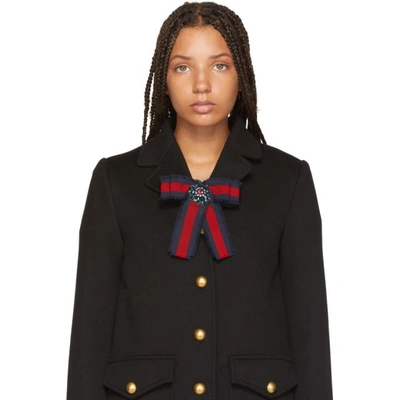 Shop Gucci Navy & Red Ribbon Brooch