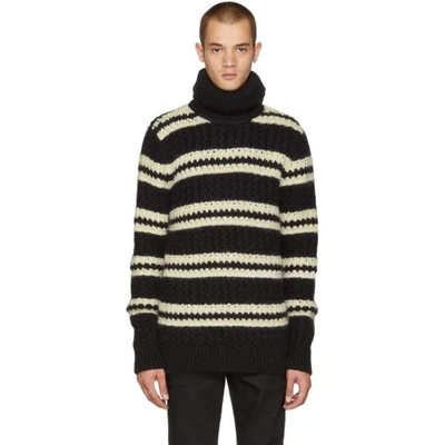 Shop Saint Laurent Black And White Stripped Turtleneck In 1095blkwht