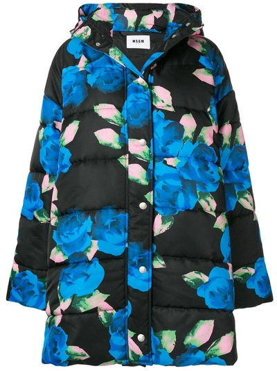 Shop Msgm Floral Print Puffer Jacket In Black