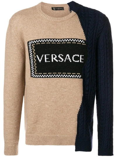 Shop Versace Contrast Logo Jumper - Neutrals
