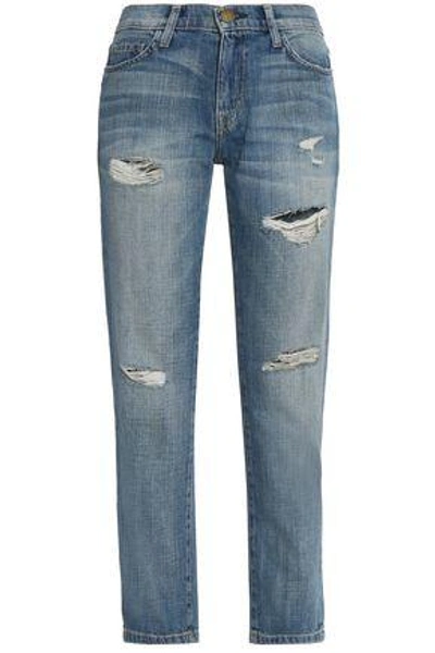 Shop Current Elliott The Fling Distressed High-rise Straight-leg Jeans In Mid Denim
