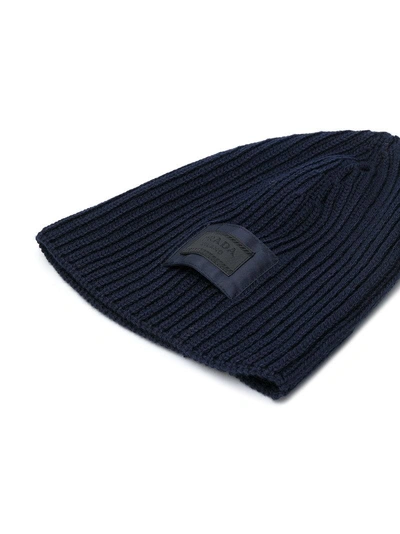 Shop Prada Knitted Logo Beanie - Blue