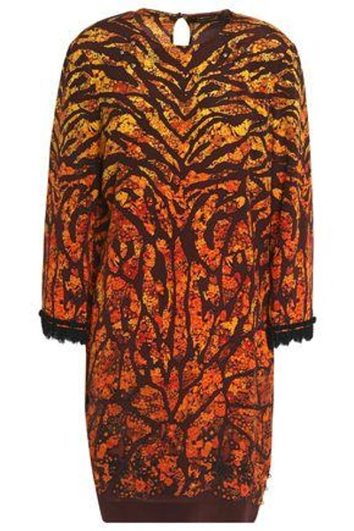 Shop Roberto Cavalli Woman Lace-trimmed Printed Silk Mini Dress Orange