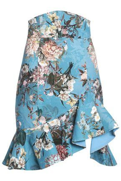 Shop Nicholas Woman Arielle Ruffled Floral-print Cotton-blend Jacquard Skirt Light Blue