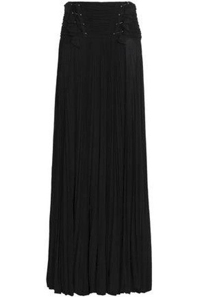 Shop Roberto Cavalli Woman Embellished Pleated Crepe De Chine Maxi Skirt Black