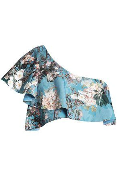 Shop Nicholas Woman Arielle One-shoulder Ruffled Floral-print Cotton-blend Jacquard Top Light Blue