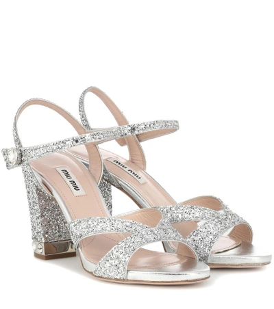 Shop Miu Miu Glitter Sandals In Silver