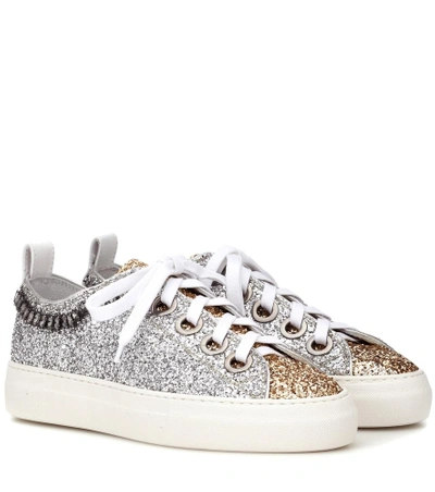 Shop N°21 Glitter And Leather Sneakers In Silver