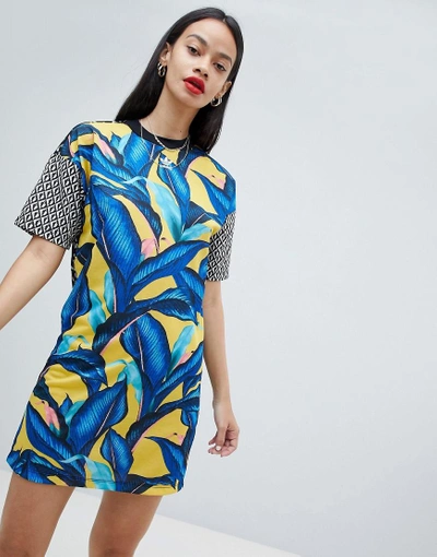 Adidas Originals X Farm T-shirt Dress With Trefoil Logo In Tropical Print -  Multi | ModeSens