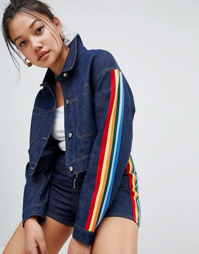 Shop Honey Punch Cropped Denim Jacket With Rainbow Stripe Detail Two-piece - Blue