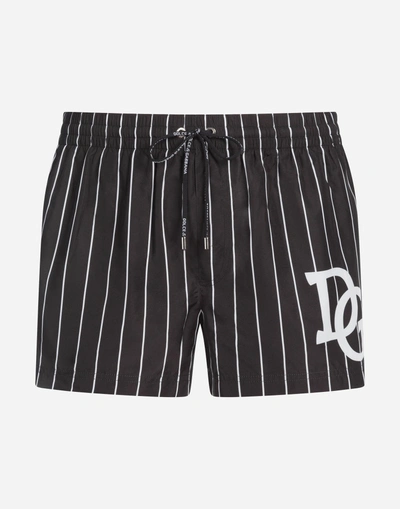 Shop Dolce & Gabbana Short Printed Swimming Trunks With Patch In Black