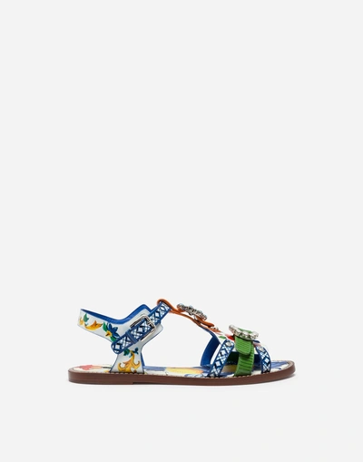 Shop Dolce & Gabbana Printed Patent Leather Sandals With Bejeweled Buckles In Majolica Print