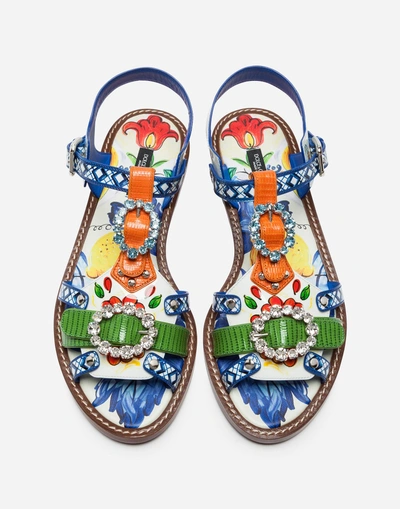 Shop Dolce & Gabbana Printed Patent Leather Sandals With Bejeweled Buckles In Majolica Print