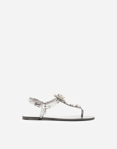 Shop Dolce & Gabbana Mirrored Calfskin Sandals With Bejeweled Appliqué In Silver