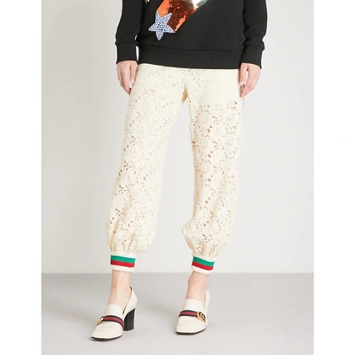 Shop Gucci Web-trim Relaxed-fit Lace Trousers In Cream