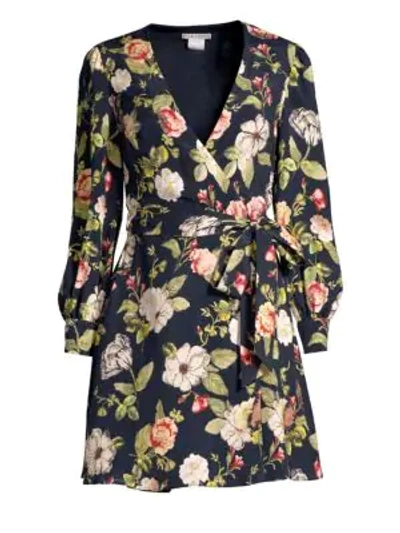 Shop Alice And Olivia Hannah Floral Blouson Wrap Dress In Hazy Floral Sapphire
