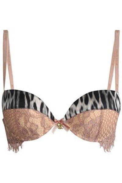 Shop Roberto Cavalli Underwear Woman Leopard-print Satin And Corded Lace Bra Blush
