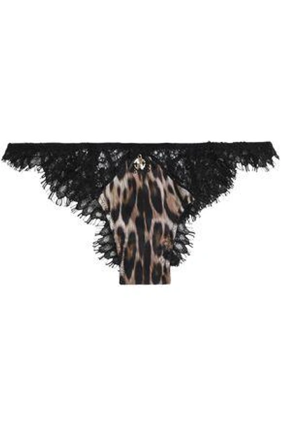 Shop Roberto Cavalli Underwear Woman Leopard-print Satin And Lace Low-rise Briefs Black