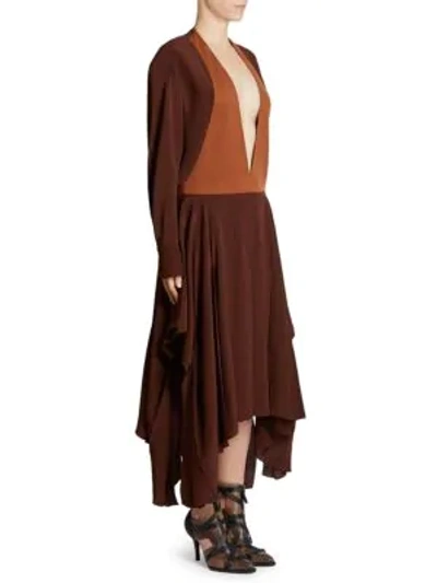 Shop Chloé Two-tone Deep V-neck Long-sleeve Midi Dress In Obscure Brown