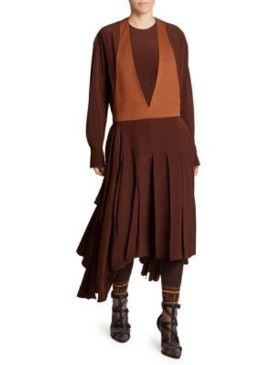 Shop Chloé Two-tone Deep V-neck Long-sleeve Midi Dress In Obscure Brown
