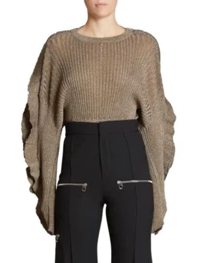 Shop Chloé Scallop Sleeve Lurex Rib Knit Sweater In Boyish Khaki