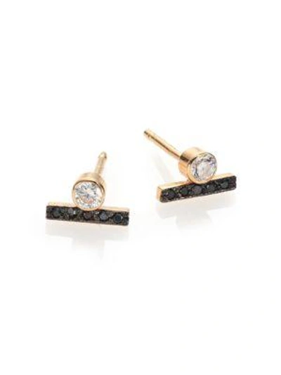 Shop Zoë Chicco White/black Diamond & 14k Yellow Gold Bezel Bar Stud Earrings In Gold Black