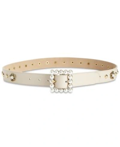 Shop Steve Madden Imitation-pearl Embellished Belt In Cream