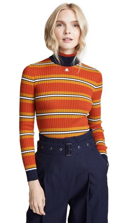 Shop Courrèges Striped Sweater In Ochre/saffron/navy/white