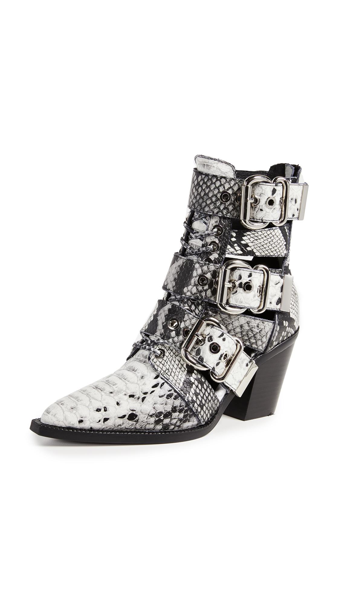 Jeffrey Campbell Caceres Buckle Booties In Black/white Snake | ModeSens
