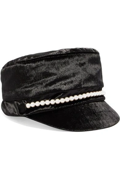 Shop Eugenia Kim Elyse Faux Pearl-embellished Velvet Cap In Black