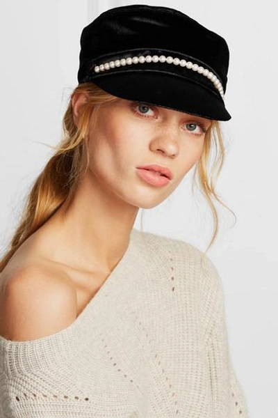 Shop Eugenia Kim Elyse Faux Pearl-embellished Velvet Cap In Black