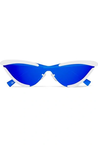 Shop Le Specs + Adam Selman The Scandal Cat-eye Metal Mirrored Sunglasses In Royal Blue