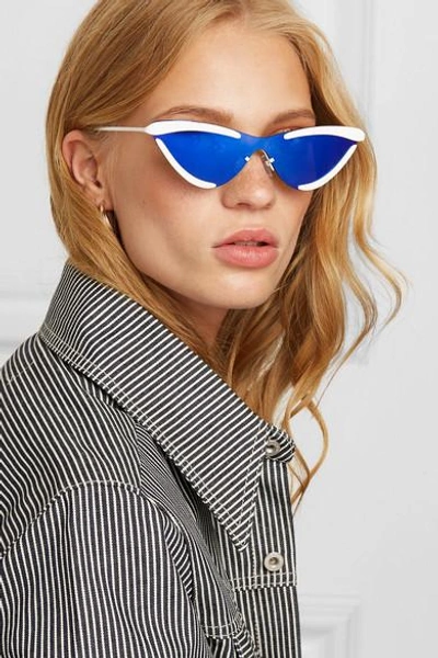 Shop Le Specs + Adam Selman The Scandal Cat-eye Metal Mirrored Sunglasses In Royal Blue