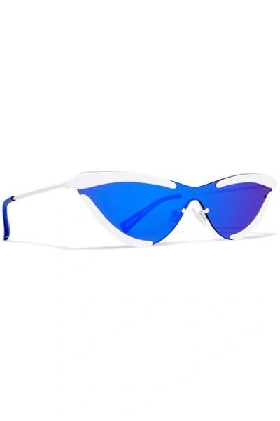 Shop Le Specs + Adam Selman The Scandal Cat-eye Metal Mirrored Sunglasses In Royal Blue