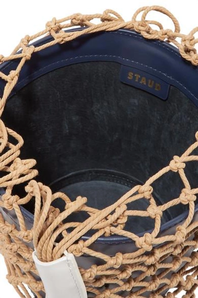 Shop Staud Moreau Leather And Macramé Bucket Bag In Navy